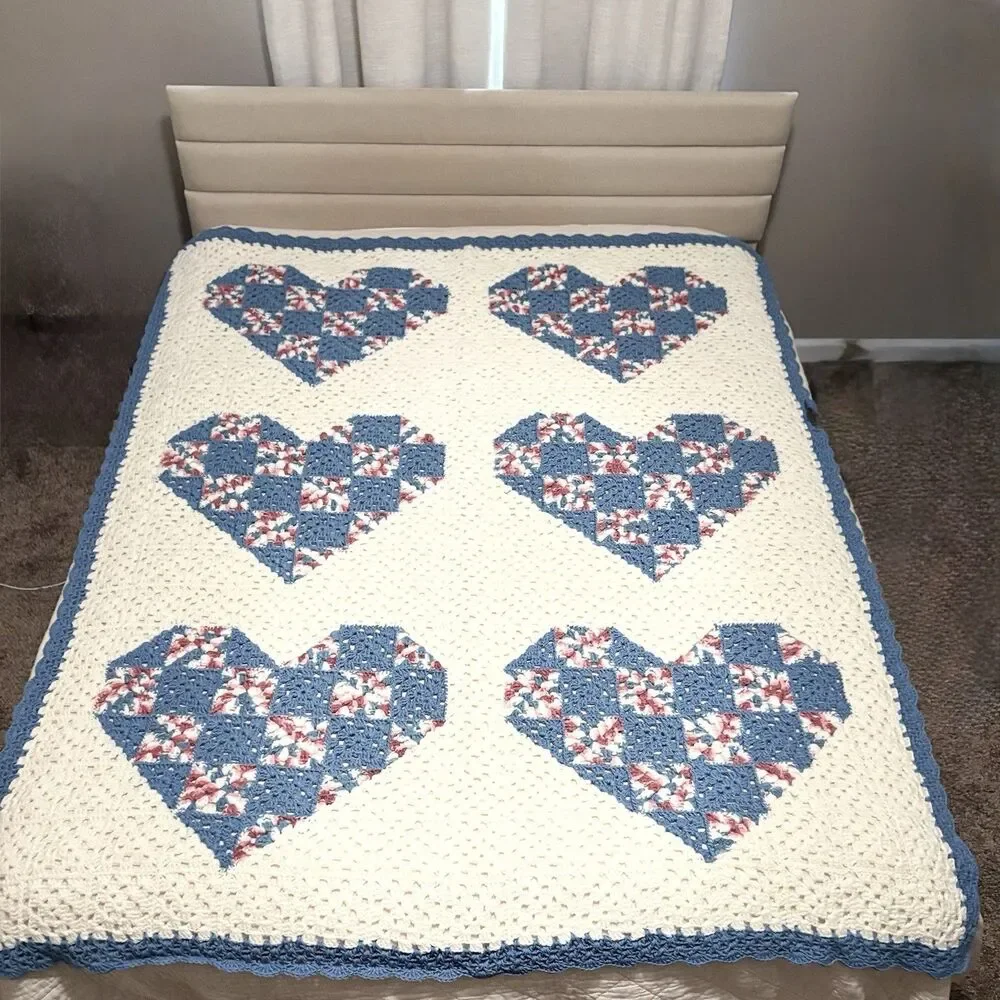 Handmade Crochet Granny Square Sofa Throw Blanket, Multicolor Vintage Hearts